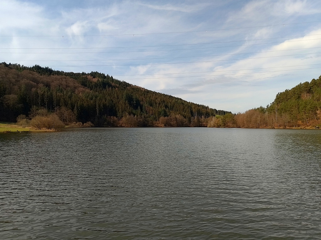 Blick über eine See mit Bäumen und Anstieg links und rechts am Horizont