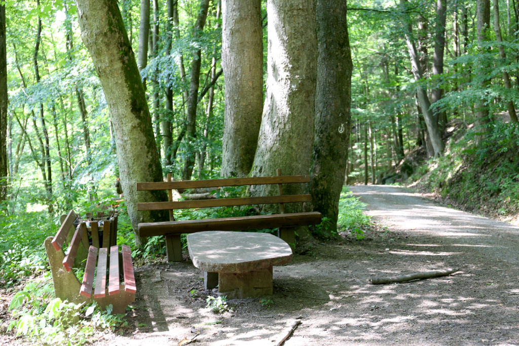 Sitzgruppe im Wald, zwei Holzbänke und ein Tisch aus Stein