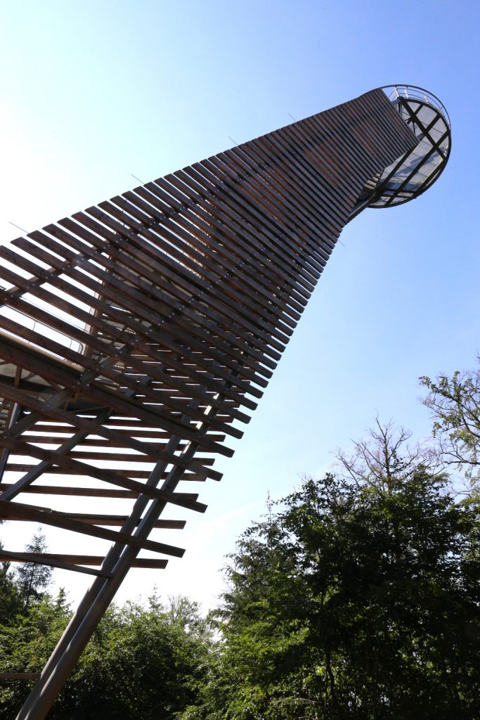 Stahl-Holz-Kontruktion eines Turmes mit Blick von unten nach oben aufggenommen, auf der Holz-Seite