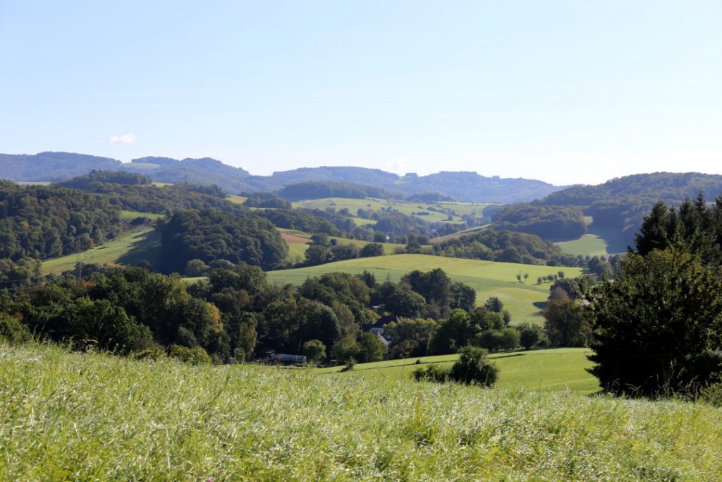 Blick in den Odenwald, Felder Wiesen, Wald und Höhenzug der Tromm