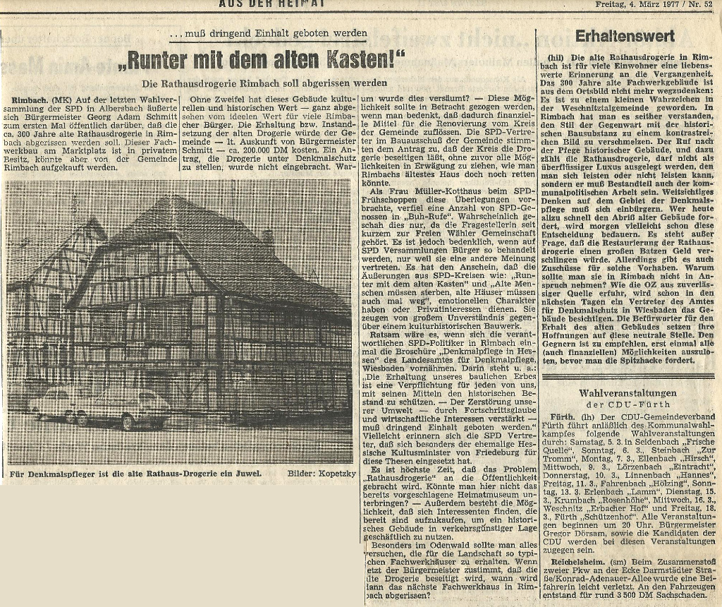 Zeitungsartikel zu der alten Rathaus-Apotheke in Rimbach , vom 4. März 1977, Odenwälder Zeitung