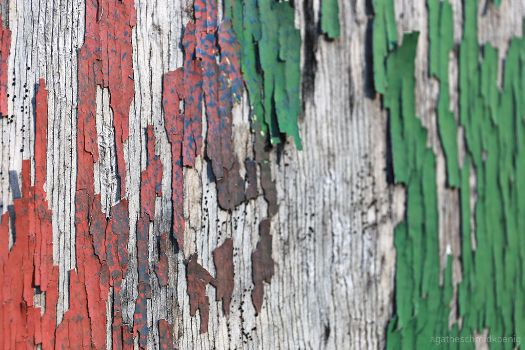 Holzplatte mit abblättender Farbe vorne rot, hinten grün